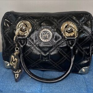 MetroCity Patent Black Quilted Gold Studded Boston Bag with Charm